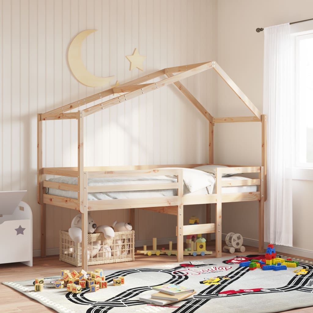 High Bed with Roof 90 x 190 cm Solid Pine Wood