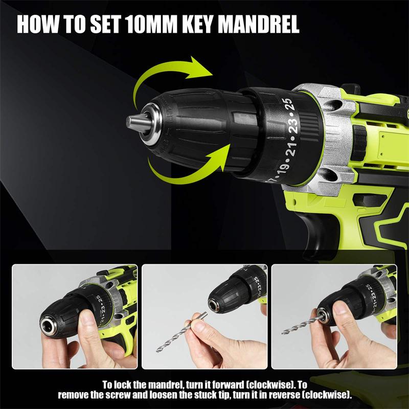 48N.M Electric Impact Drill Set Cordless Screwdriver 1350RPM Rechargeable Battery Drill with Work Light Power Tool With 2PCS Battery