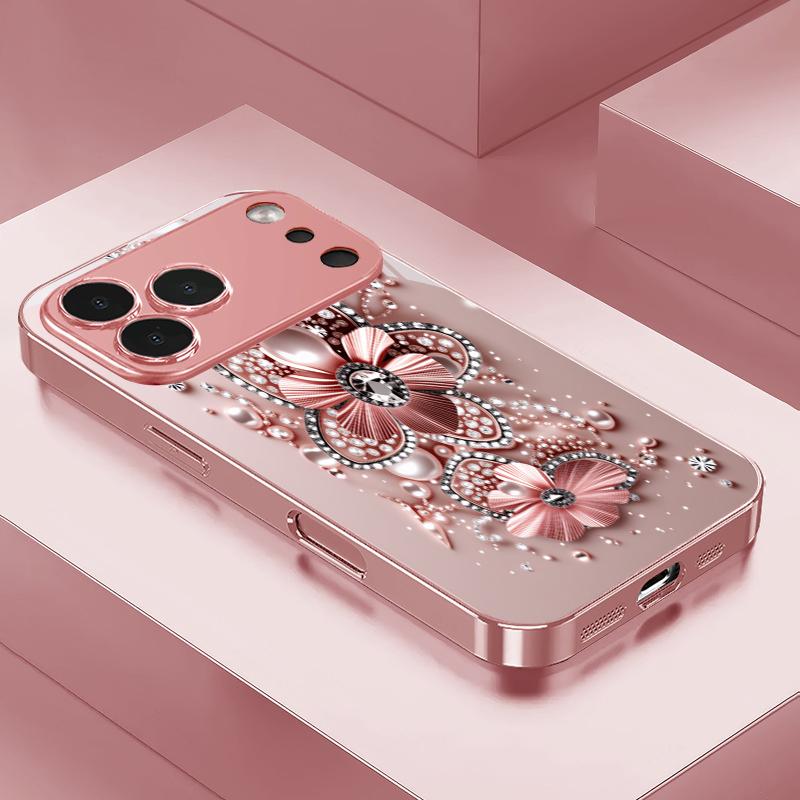 Rose Gold Jewel Bloom Pink Metallic Glass Phone Case For iPhone 11 12 13 14 15 16 17 Pro Max Plus 17Air 16E 7 8 XsMax Back Cover