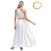 Womens Ancient Greek Dance Dress One Shoulder Chiffon Overlay Vintage Trim Tunic Dress Artificial Leaf Garland Headwear