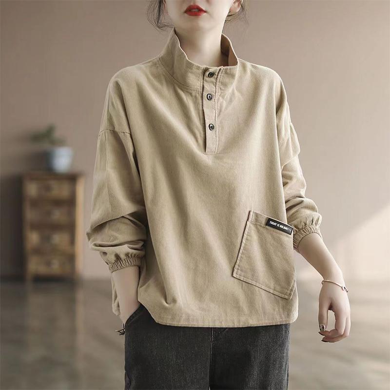 Autumn Korean Fashion Sports Chic Vintage Casual Shirt Women Young Style Solid Color Long Sleeve High Neck Pocket Button Top
