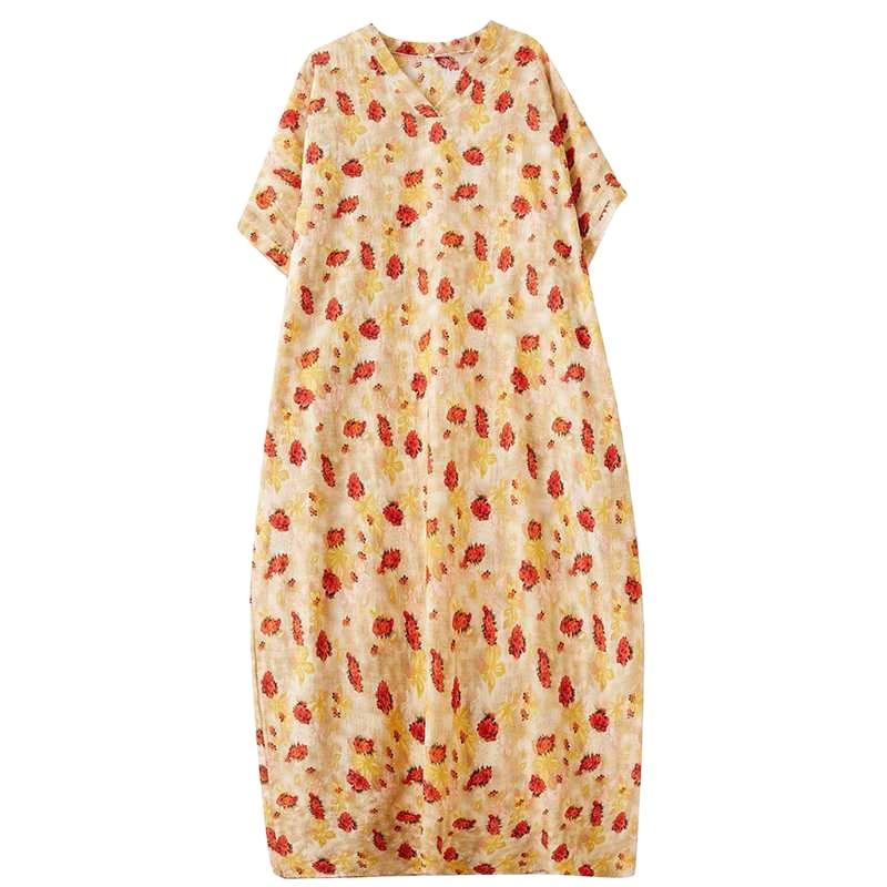 Реальное фото Летний цвет Отпускной стиль Путешествия V-образный вырез Ретро Длинное платье Прикрывающее недостатки Хлопково-льняное платье