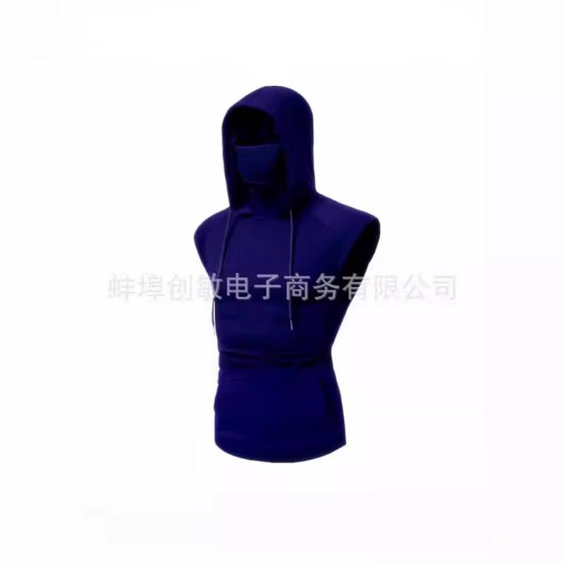 Men Hooded Face Mask Sleeveless Solid Workout T Shirt