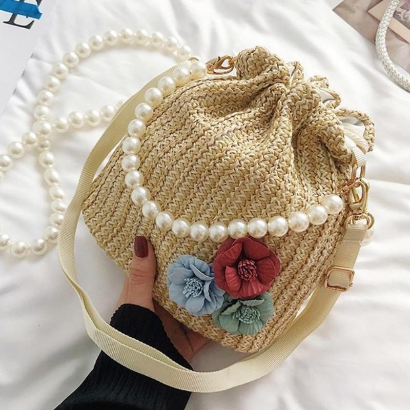 Маленькая плетеная сумка Fresh Flower с жемчужной цепочкой, сумка-тоут Holiday Wind Beach Crossbody Bucket Bag