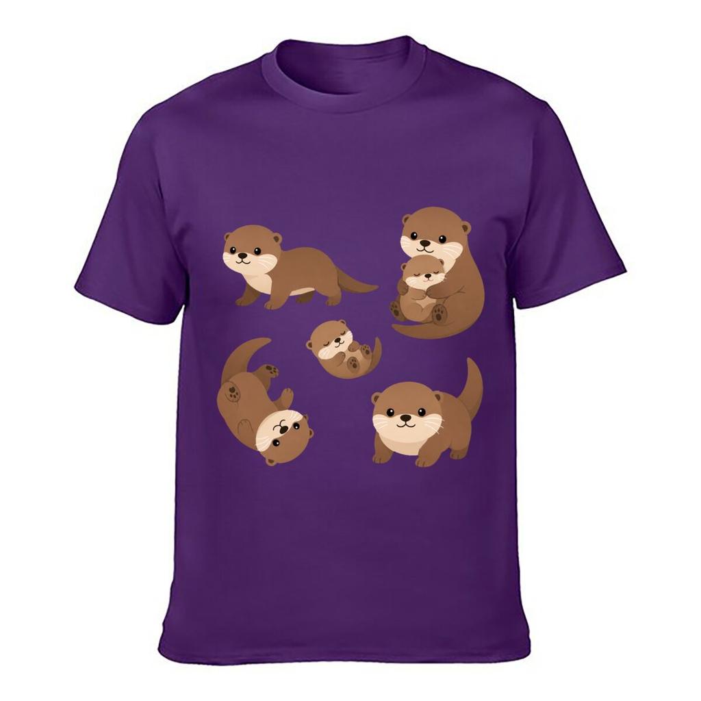 Cute Otter Family Character Set Unisex Summer Washed Tee Loose Distressed Top