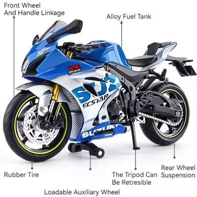 1:Модель мотоцикла SUZUKI GSX R1000R Масштаб 1:12 Игрушка Металлический корпус Резиновые шины Модели двигателей Свободный ход Амортизация Подарки для детей