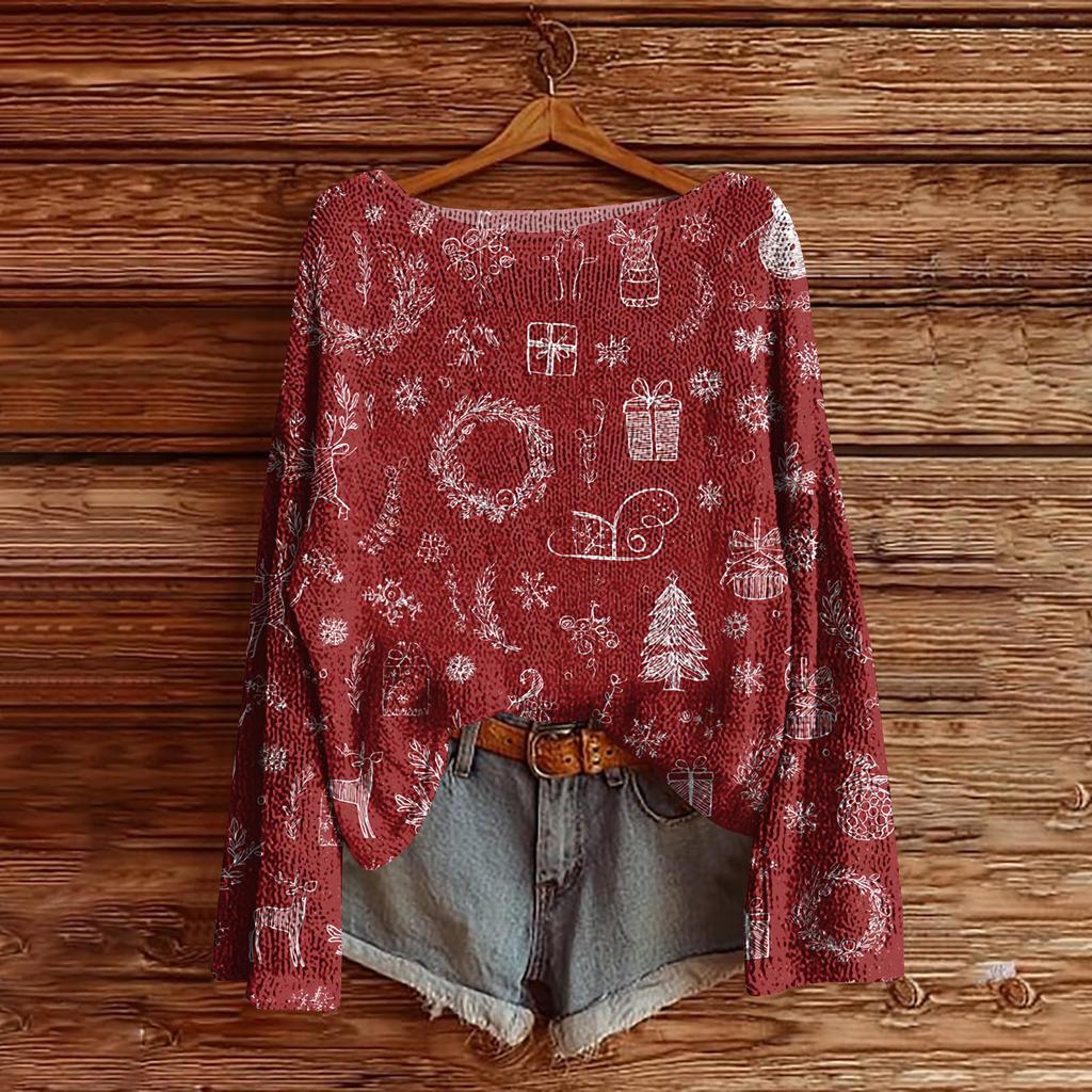 Women's Christmas Print Lightweight Sweater Casual Long Sleeve Knitted Pullover