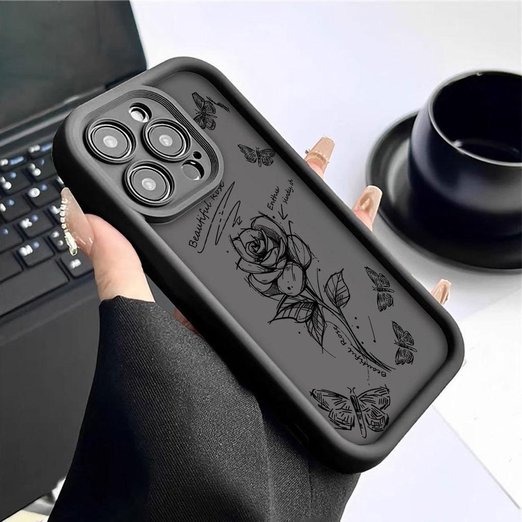 Чехол для iPhone 14-17 Pro Max с дизайном эскиза розы - Черная версия с канавками
