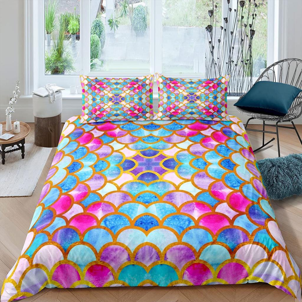Fish Scales Duvet Cover Set Bedding Set Colorful Mermaid Scale Quilt Cover Pillowcase Queen Size Girls 2/3pcs Comforter Cover