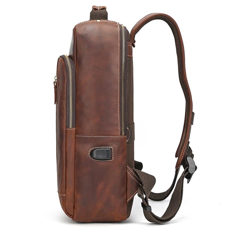 Ретро Мужской Рюкзак из Кожи Crazy Horse Рюкзак для Ноутбука Кожаный Daypack Большой Вместимости Мужской Дорожный Рюкзак с USB-Кабелем
