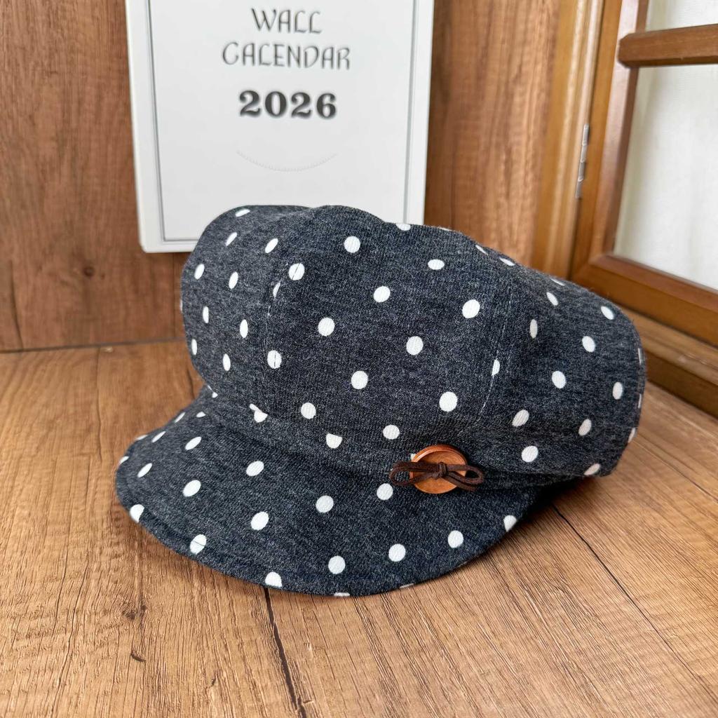 Polka dot black woolen beret women's autumn and winter retro octagonal hat sweet versatile face little painter hat