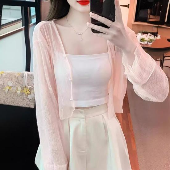 Женская сетчатая прозрачная солнцезащитная куртка с длинным рукавом на пуговицах, солнцезащитные рубашки от УФ-лучей