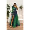 Women Evening Dress 3D Flower Decor One Shoulder Pleated Pleated Mesh Banquet Dress Single Long Sleeve Slim Waist A-line Floor Length Slit Hem Ball