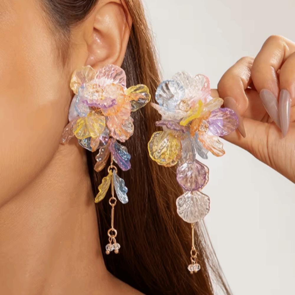 Iridescent Tassel Drop Earrings Transparent Petal Statement Earrings Seaside Beach