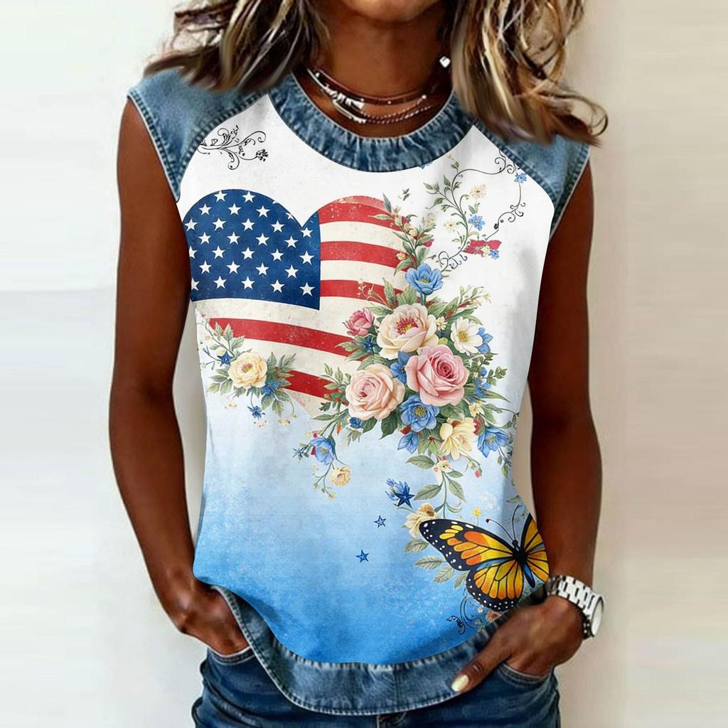 Повседневный топ без рукавов с круглым вырезом, джинсовой отделкой и цветочным принтом «Звездный фейерверк» для женщин, летняя одежда