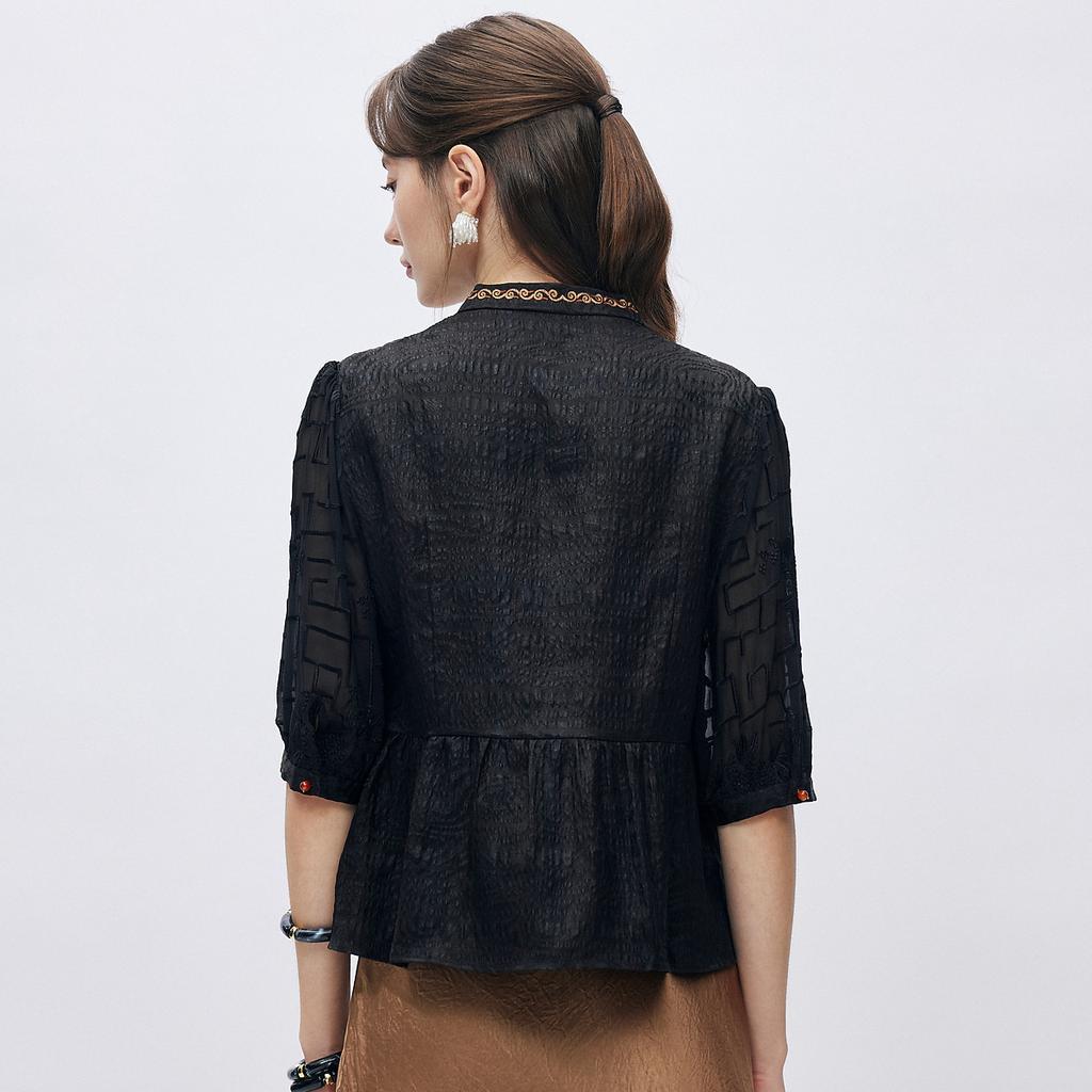 New Chinese style light national style fragrant cloud yarn] 26 Spring round neck heavy embroidery buckle fashionable mulberry silk shirt for women