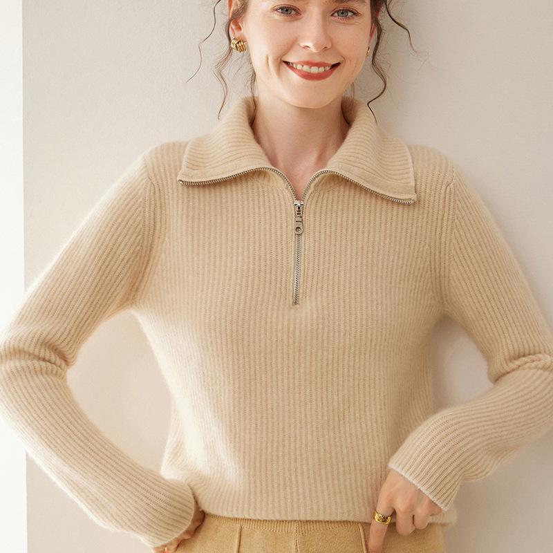 2024 Autumn/Winter Women's High-Neck Cashmere Half-Zip Sweater - Loose Fit, Cozy and Stylish