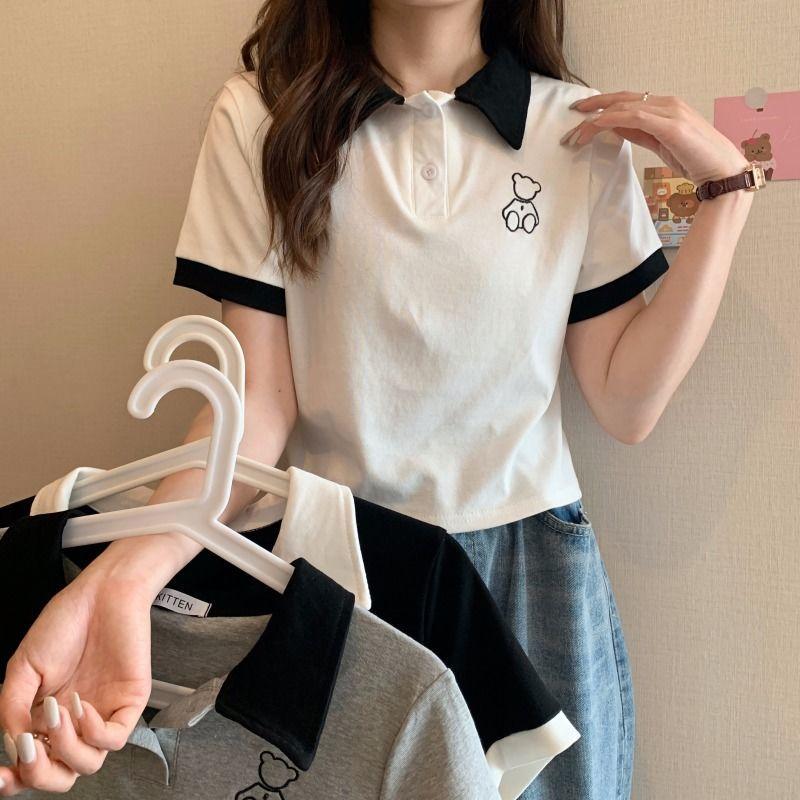Женская летняя футболка с короткими рукавами и вырезом поло, тонкий короткий топ, тонкая внутренняя футболка ранней весны