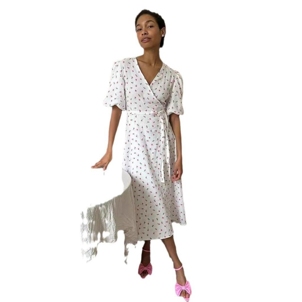 Женское летнее платье с короткими рукавами и высокой талией в этническом стиле на шнуровке