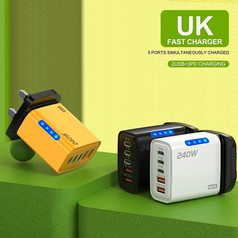 240 Вт 5-портовый GaN Адаптер Быстрой Зарядки USB C PD QC3.0 Портативный для Международных Путешествий Зарядка Нескольких Электронных Устройств