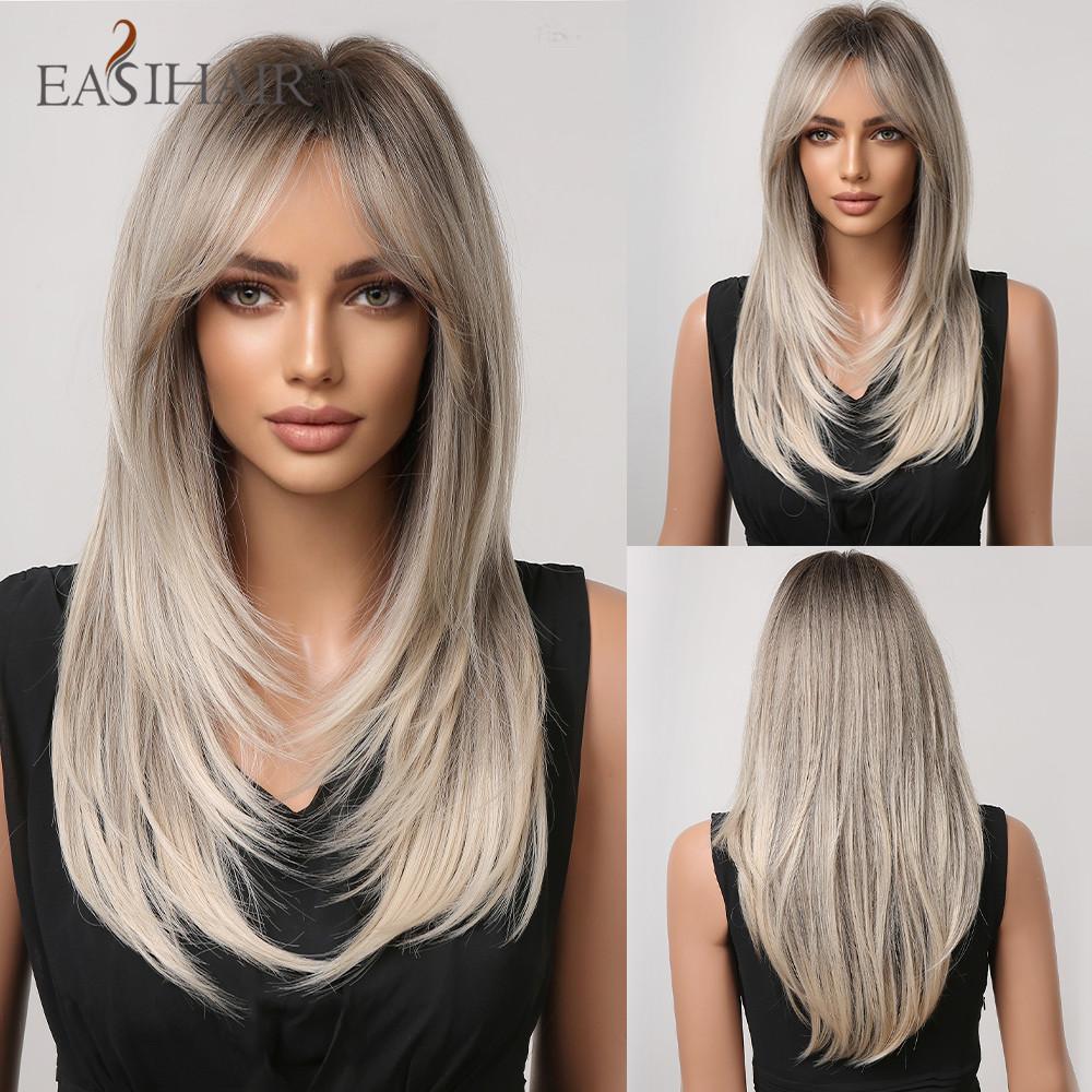 EASIHAIR Темно-коричневые черные синтетические парики с челкой, средней длины, прямые, слоистые, натуральные волосы для женщин, для повседневного ношения, косплея, термостойкие