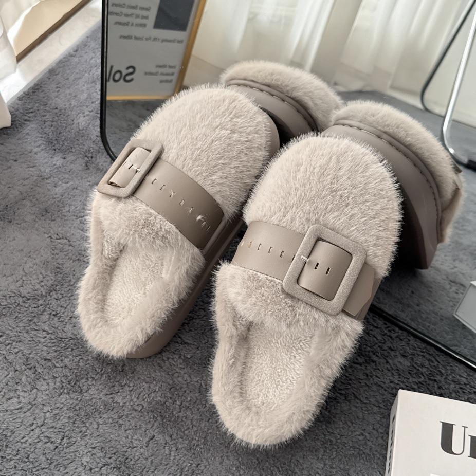 Fashion 2025 Autumn Winter Fashion Buckle Strap Slippers Home Cotton Shoes Women Indoor Fluffy Plush Warm Platform House Slippers