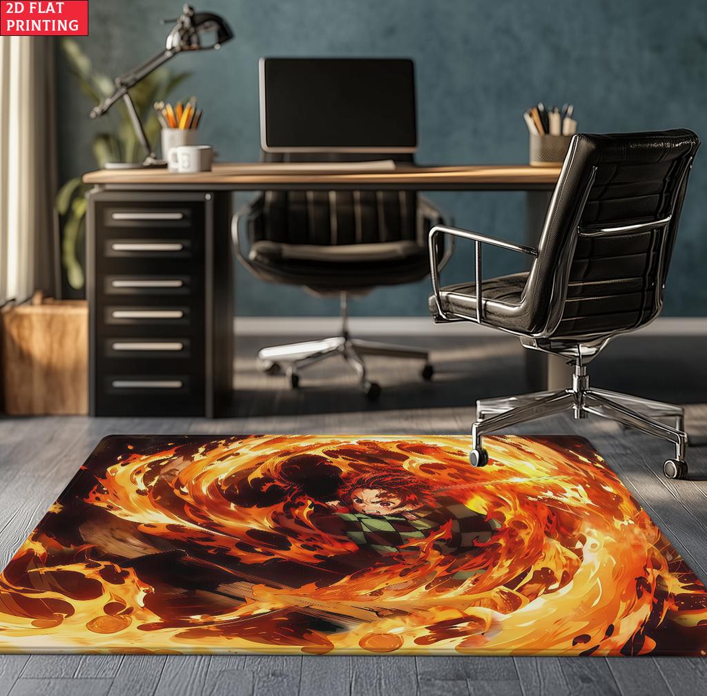 Anime Demon Area Rug, Dark Fire Water Theme Non-slip Floor Mat, Gamer Room Bedroom Decor Carpet, Washable Home Gift