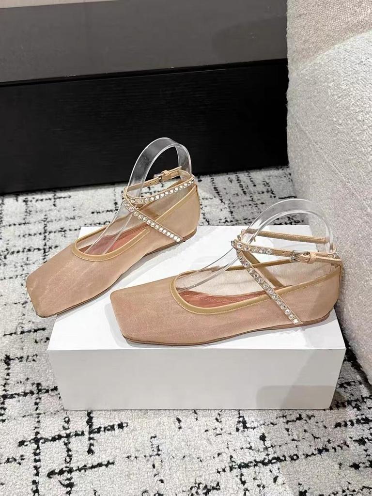 French Fairy Wind Square Head Mesh Shallow Mouth Rhinestone Buckle Ballet Shoes Women's Casual Flat Single Shoes Sandals