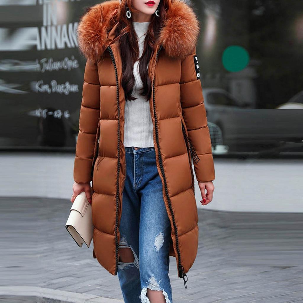 Женская мода с большим воротником для волос, тонкой талией, длинной пуховой хлопковой курткой, хлопковым пальто