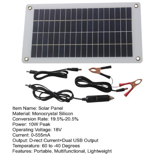 10W 18V/5V Solar Panel Dual USB Direct Current Outdoor Camping Hiking Cycling Power Bank Mobile Phone Emergency Charger Polycrystalline Solar