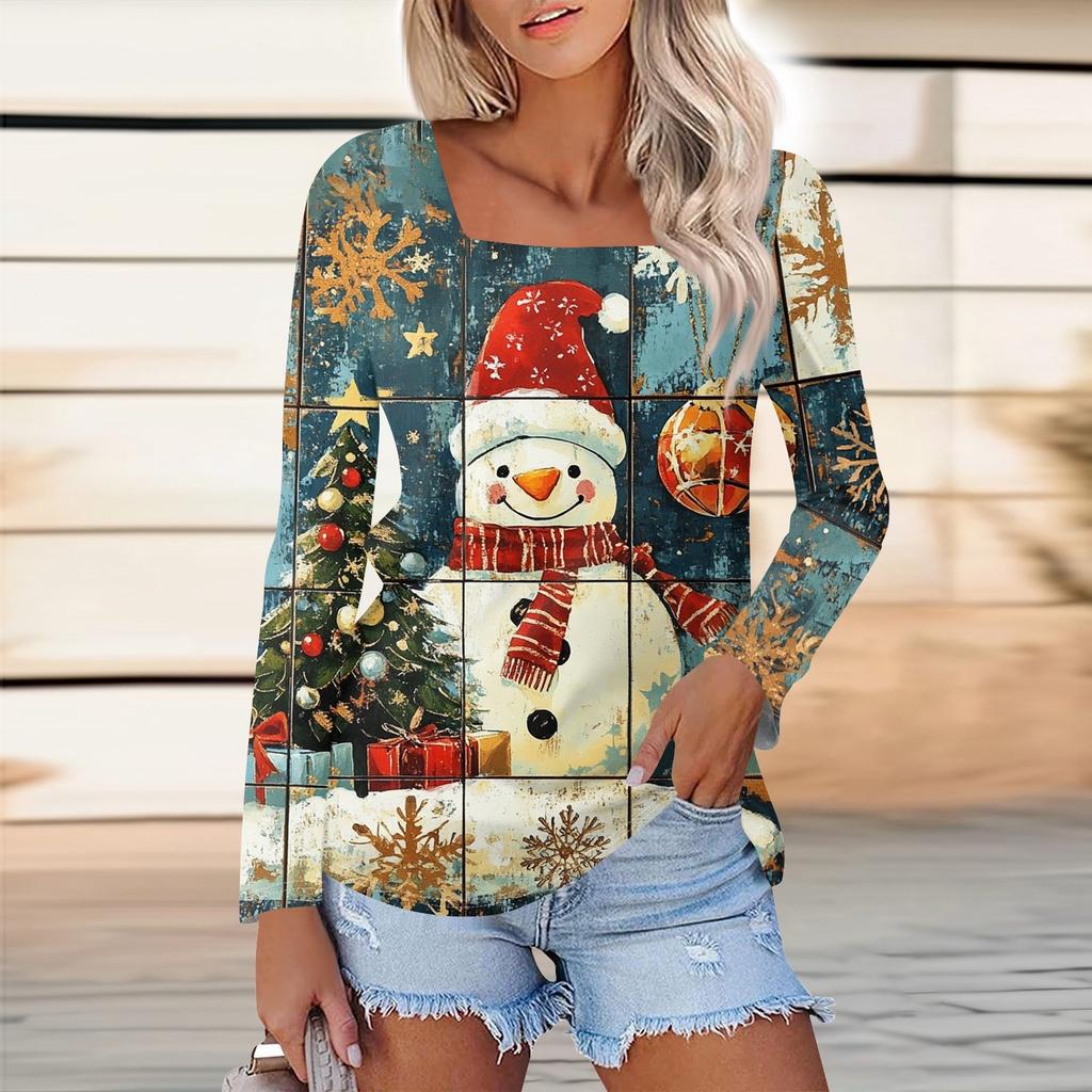 Женская модная повседневная рубашка с длинными рукавами и рождественским принтом с квадратным вырезом и длинными рукавами