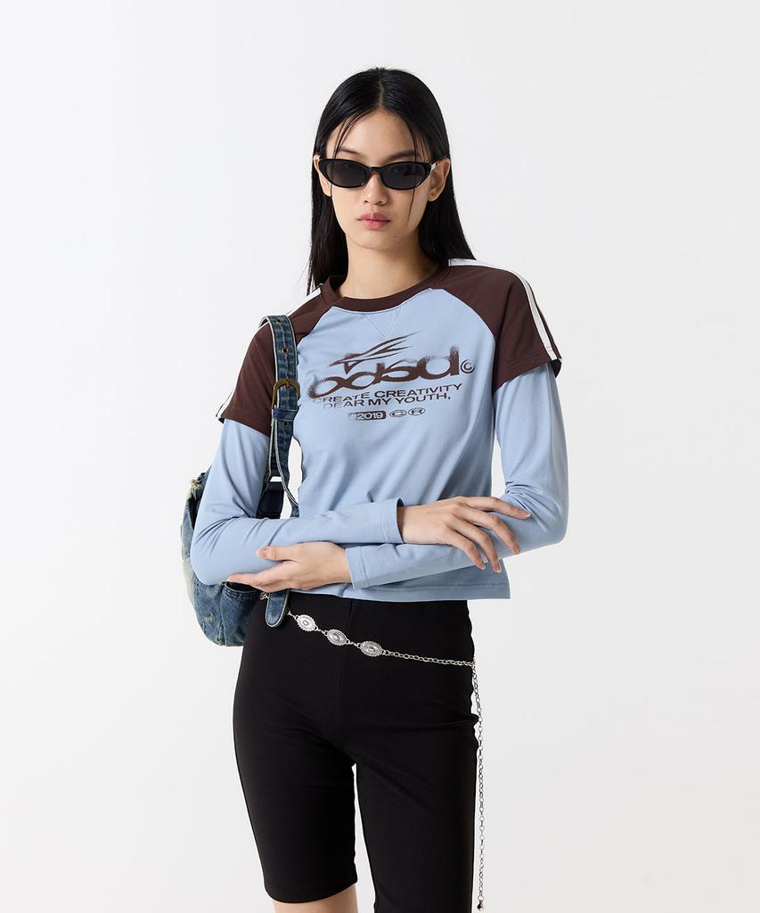 ODDSTUDIO Odsd Raglan Track Semi-Crop T-Shirt - Sky Blue / Brown
