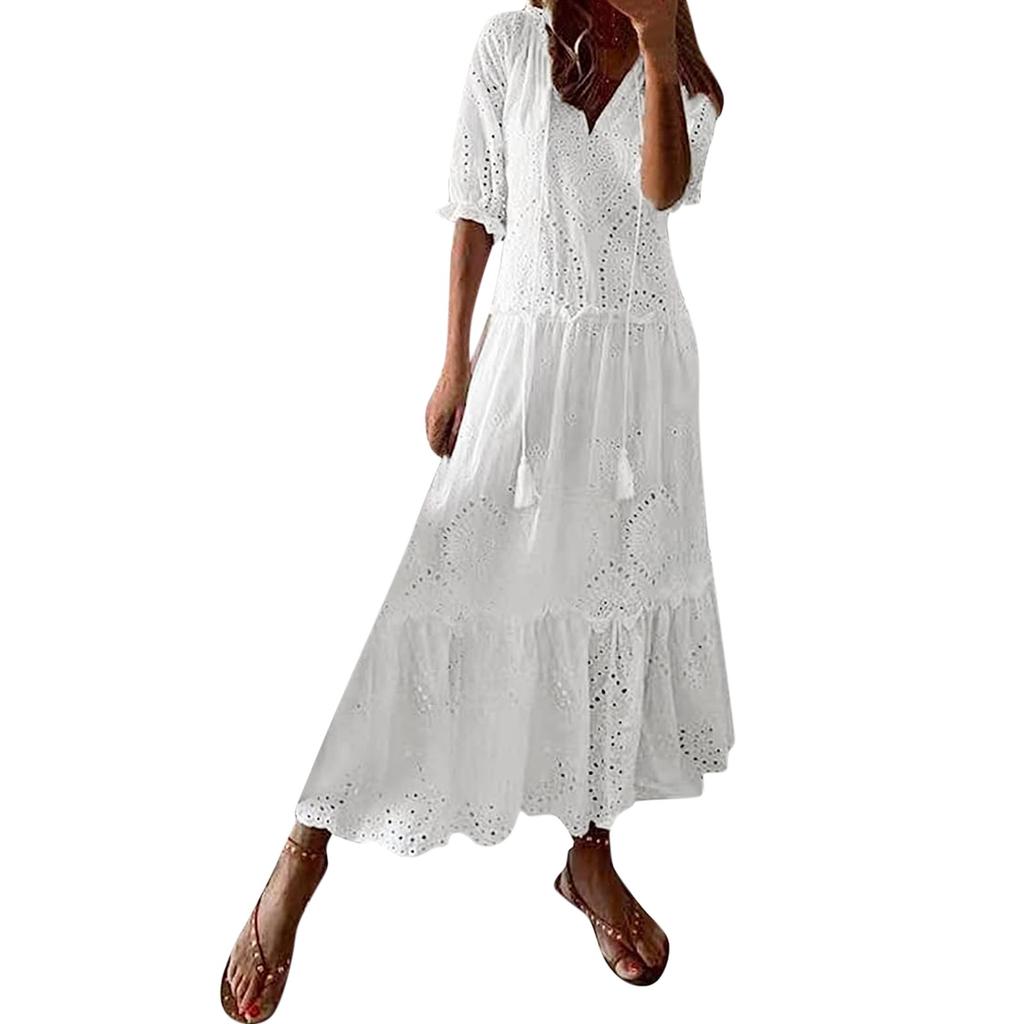 Women's V Neck Long Dress Loose Travel Summer Beach Sundress Bohemian Swing Maxi Dresses