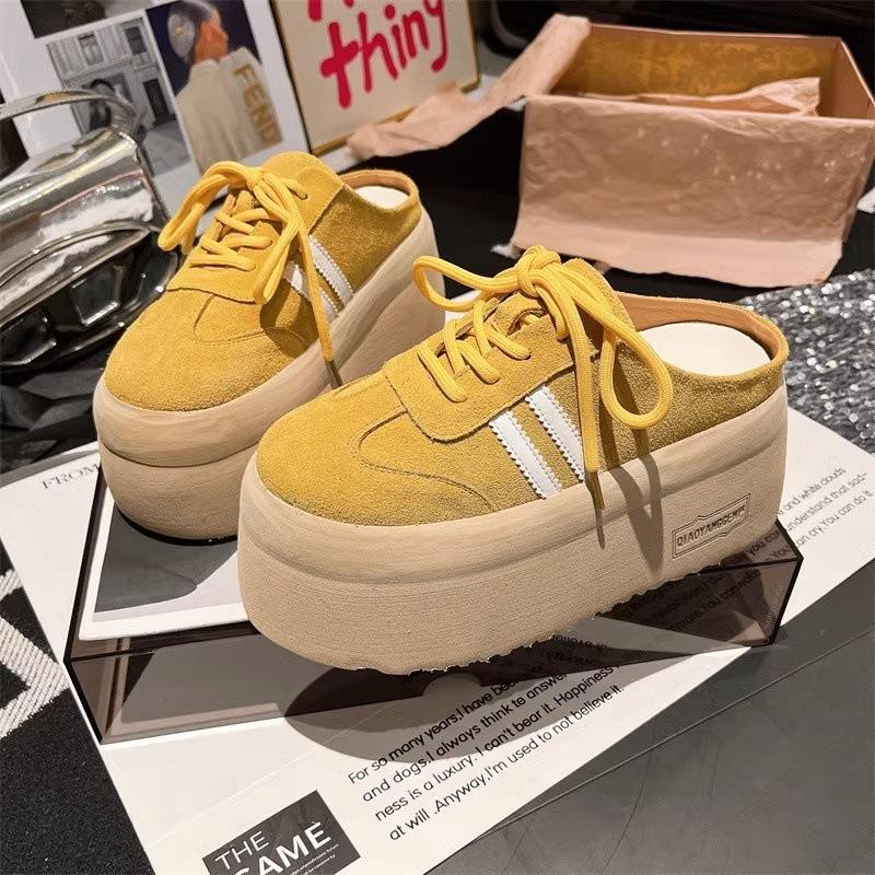 Матовые кружевные полутапочки на шнуровке, маленькие маффины на толстой подошве для увеличения роста, ленивые бокен-туфли, женская обувь, обувь