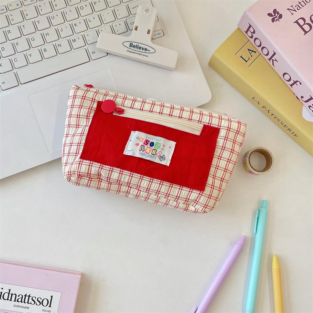 Portable Contrasting Grid Pen Case Dopamine Cute Makeup Bag Casual Cartoon Stationery Box School
