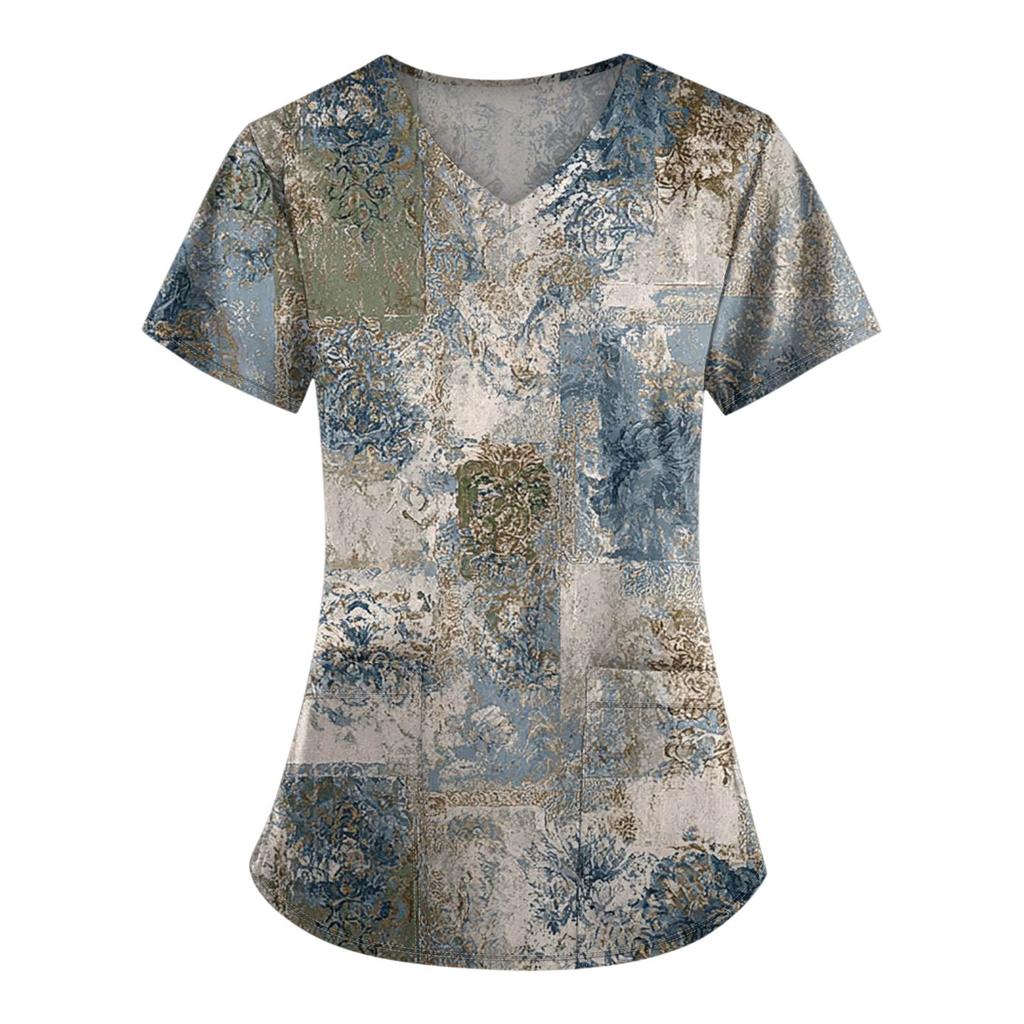 Plus Size Printed Scrub Working Uniform Tops For Women's V-Neck Print Short Sleeve Fun T-Shirts Workwear Tee With Pockets