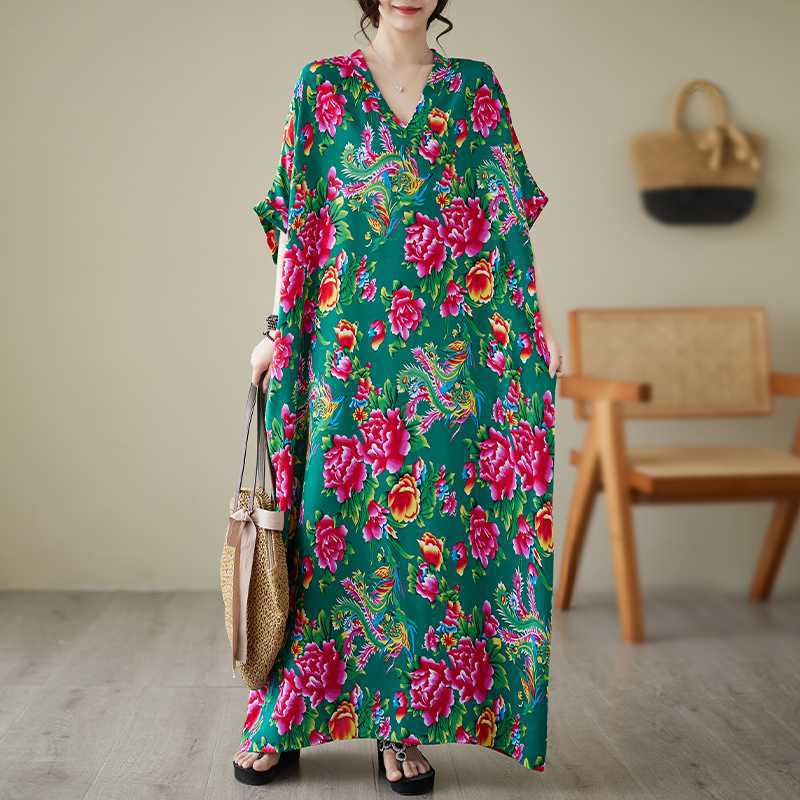 Летние платья из хлопка и шелка с V-образным вырезом, большого размера, свободные, в стиле литературного отпуска, для пляжа