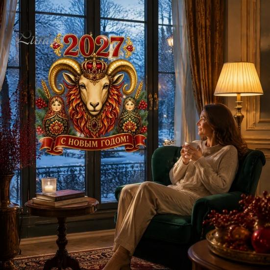 Легко наносимая оконная декорация для дома 2027 Новый год Корона Овца Статичная стеклянная наклейка, Многоразовая ПВХ Красные и золотые наклейки-головки Наклейка с русскими матрешками