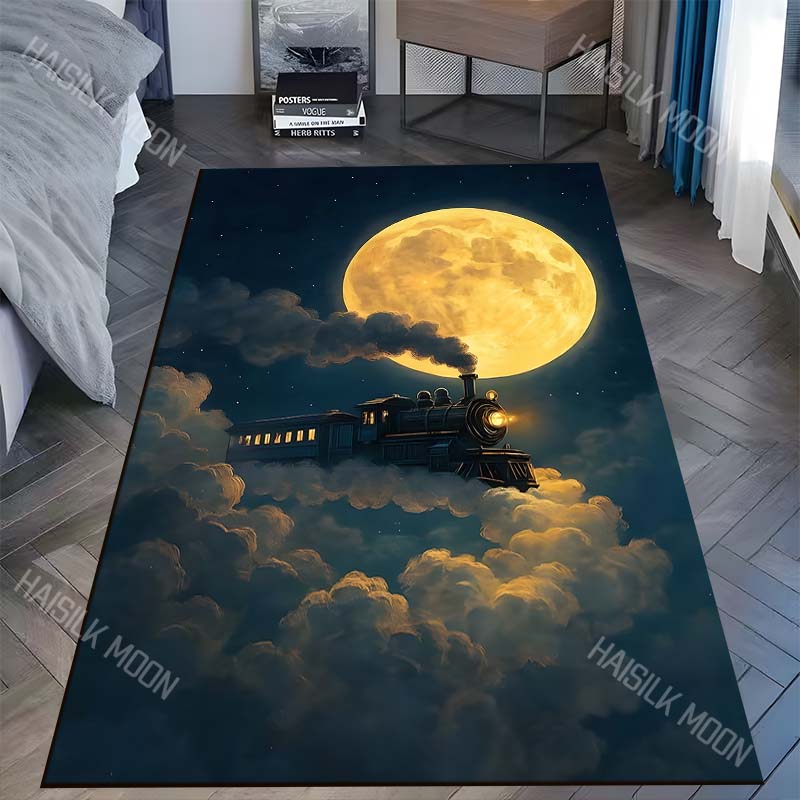 1PC Steam train under giant full moon Carpet for Living Room Bedroom Sofa Home Decor Rus Non-slip Floor Mat Luxury Gift