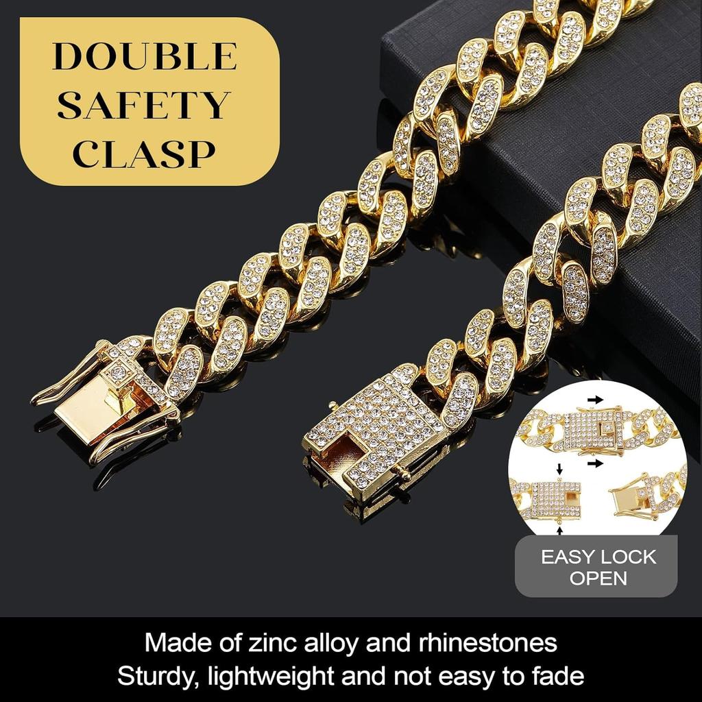 Tallew Dog Chain Diamond Collar Gold 16 mm Wide Walking Metal Chain Necklace with Secure Buckle Pet Cuban Style Collar Jewelry Accessories for Small