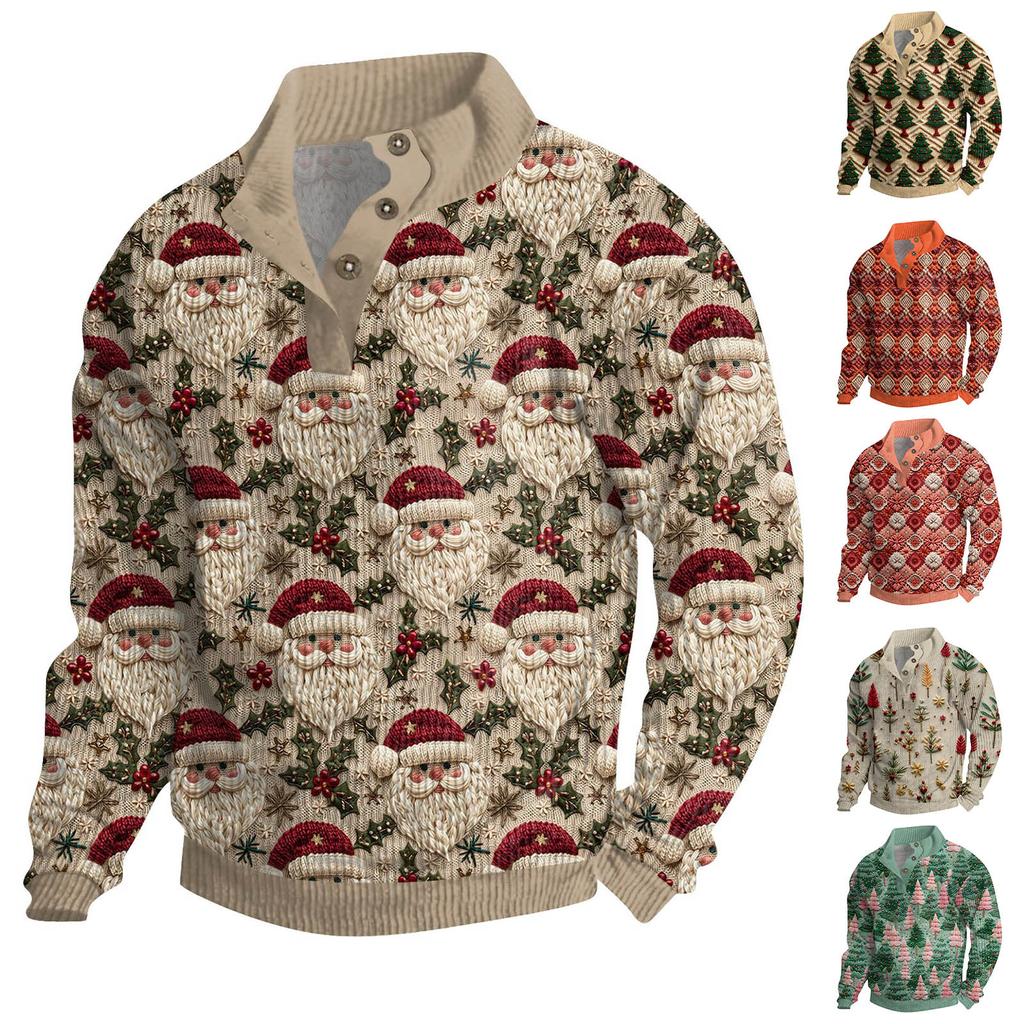 Мужская рождественская хлопковая рубашка-пуловер с длинным рукавом для активного отдыха, винтажная вельветовая рубашка с воротником-стойкой и пуговицами, повседневная толстовка с рождественским принтом