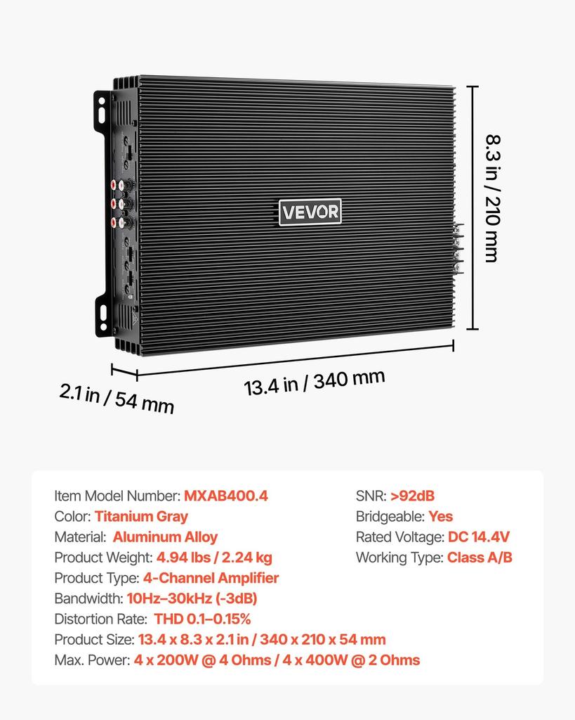 Car Audio Amplifier, 4-Channel Bridgeable Car Amplifier, Multichannel Class AB Stereo Amp, Max. 4 x 200W at 4 Ohms / 4 x 400W at 2 Ohms, High Output,
