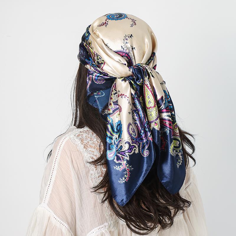 Роскошный Квадратный Шелковый Шарф Женский Платок 90*90 См Принт "Кешью" Косынка Женский Головной Платок Фуляр Сатиновая Бандана Хиджаб Шарфы
