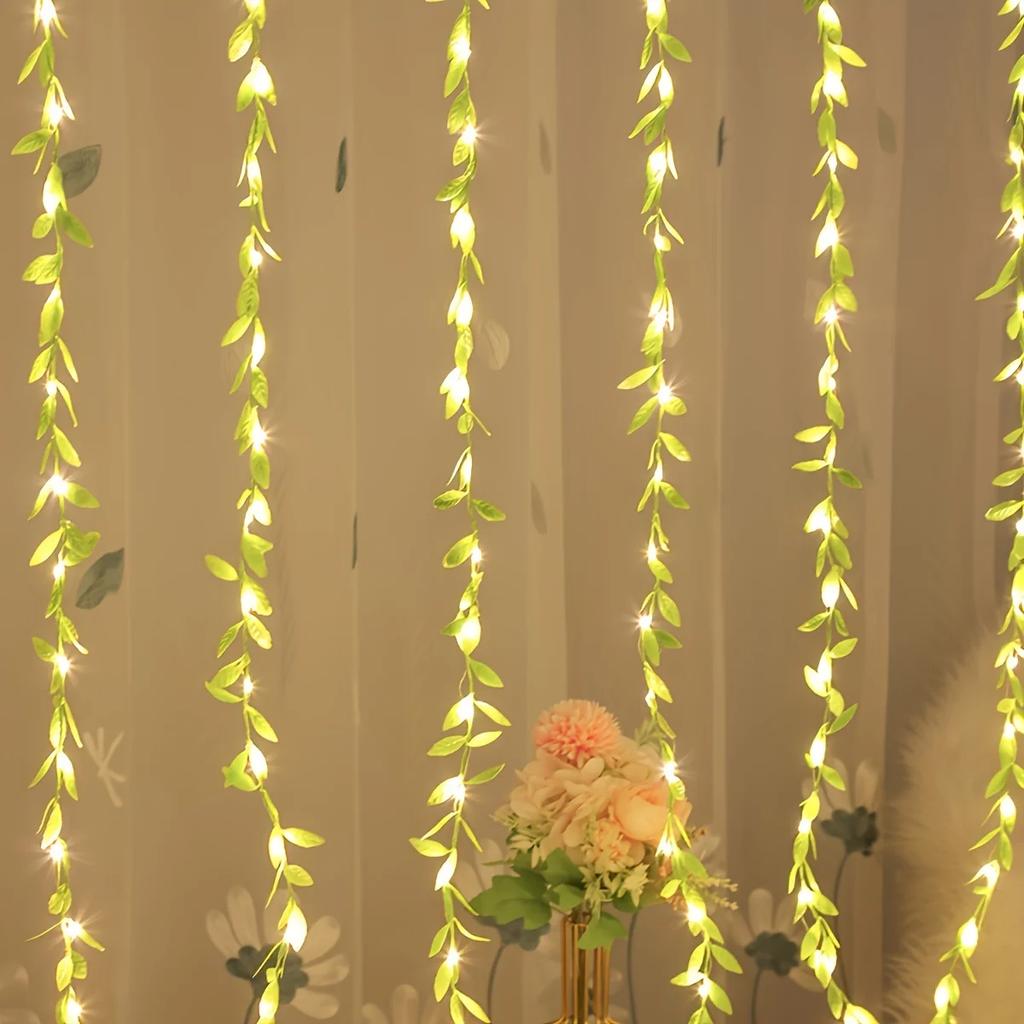 2 M 20 LEDS Always On Battery Box Willow Curtain Lamp Decorative Light String Imitation Leaf Wrought Iron Basket Copper Wire