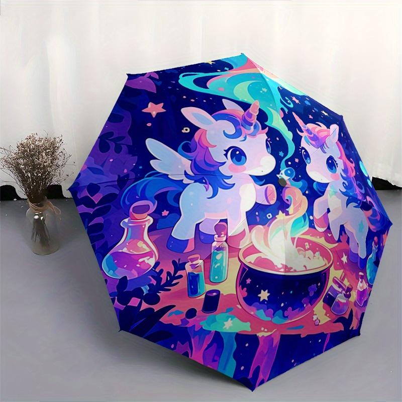 1pc Magic Potion Two Unicorns Cartoon Umbrella, Portable 3-Fold Compact Umbrella, Suitable for Camping, Hiking and Travel, Ideal Easter Birthday