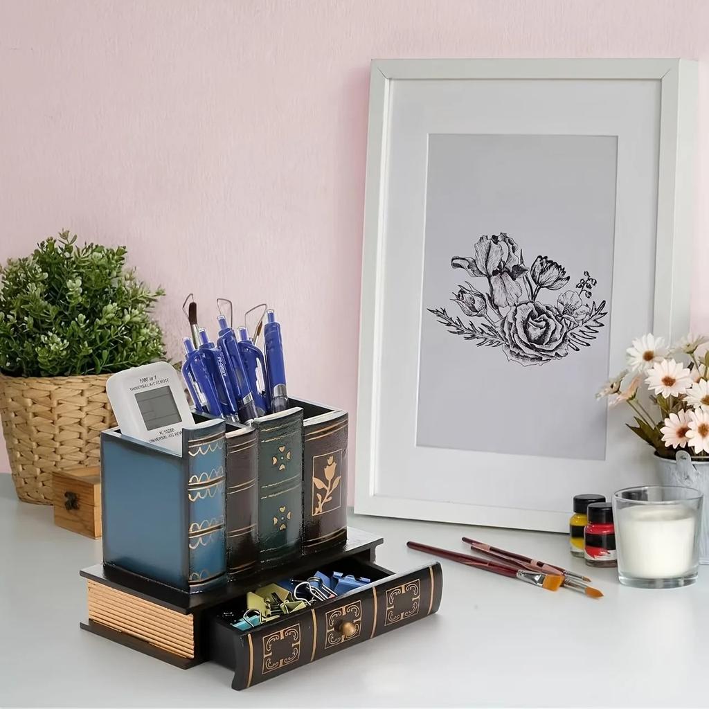 Декоративная подставка для ручек с выдвижным ящиком для хранения, деревянный органайзер для карандашей, настольный, для стола