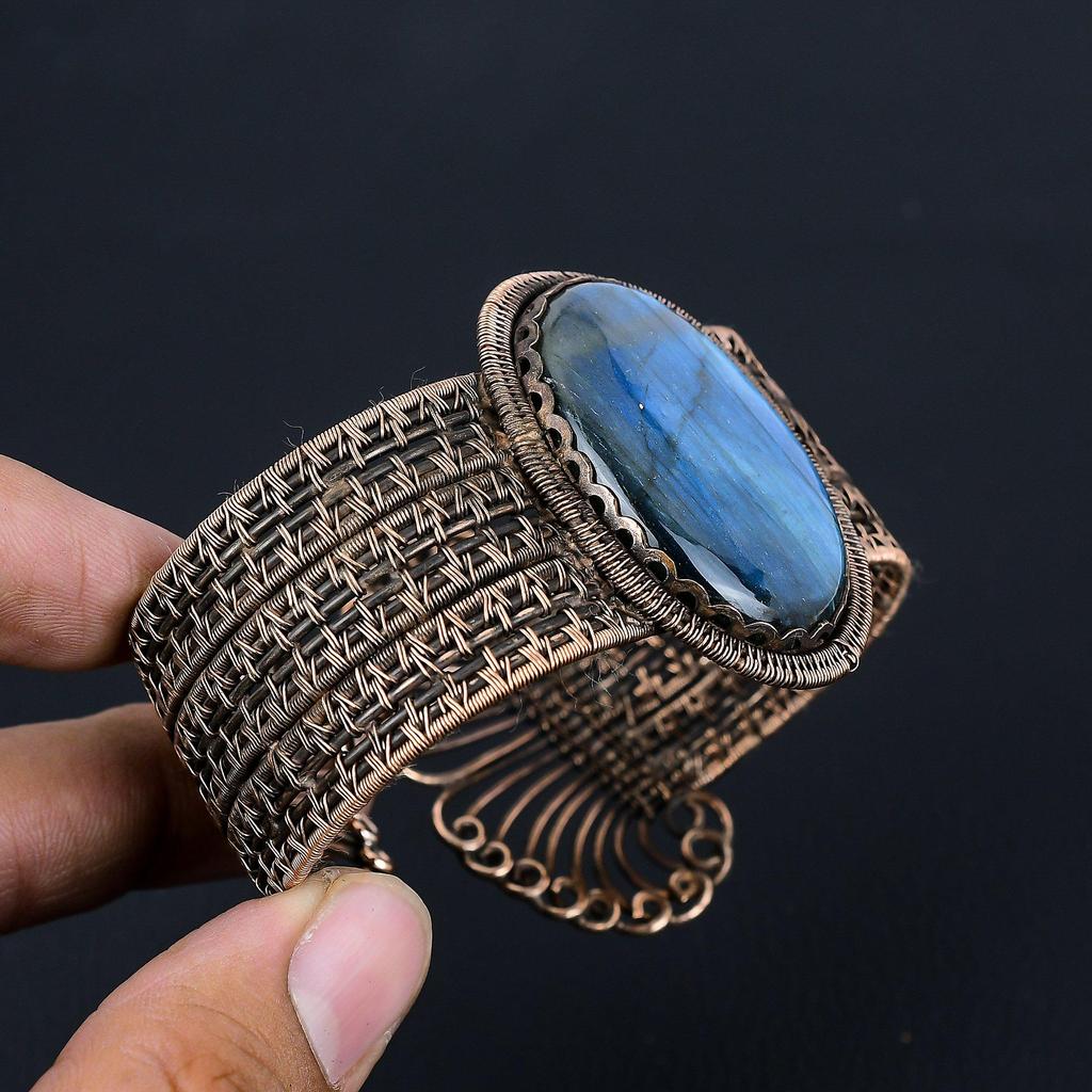 Лабрадорит, драгоценный камень, чистая медная проволока, завернутая в манжеты/браслет ручной работы, регулируемые ювелирные изделия