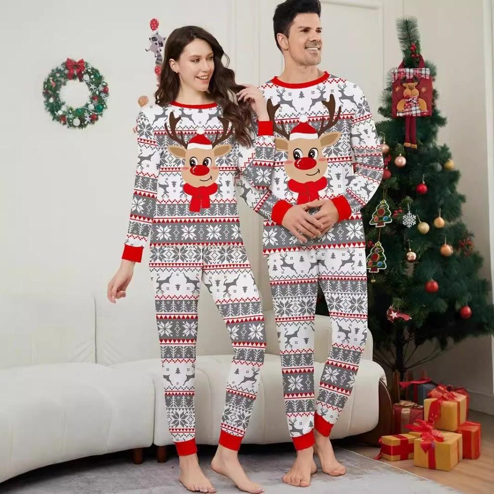 Xmas Deer Christmas Pyjamas Set Long Sleeve Top+Pants New Couple Christmas Outfit Sleepwear