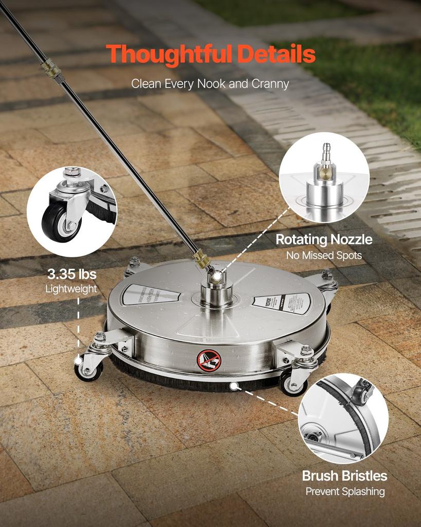VEVOR 16.5" Pressure Washer Surface Cleaner, Stainless Steel Pressure Washer Attachments with 4 Wheels, 4000 Max PSI, 1/4 Quick Connector