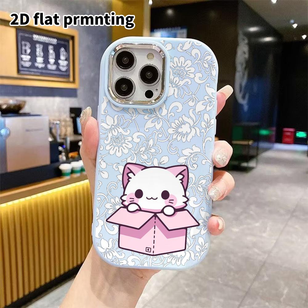 Phone case: 2D flat design suitable for iPhone 18 17 16 15 14 13 Pro protective case, couple style, pink and white cat, Christmas and Halloween gift